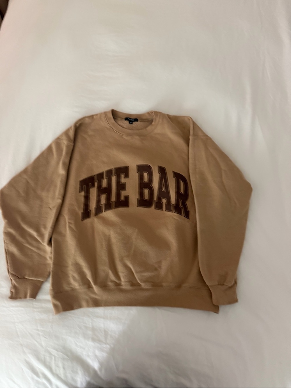 The Bar Women's Crewneck Sweater in Tan with Brown Applique